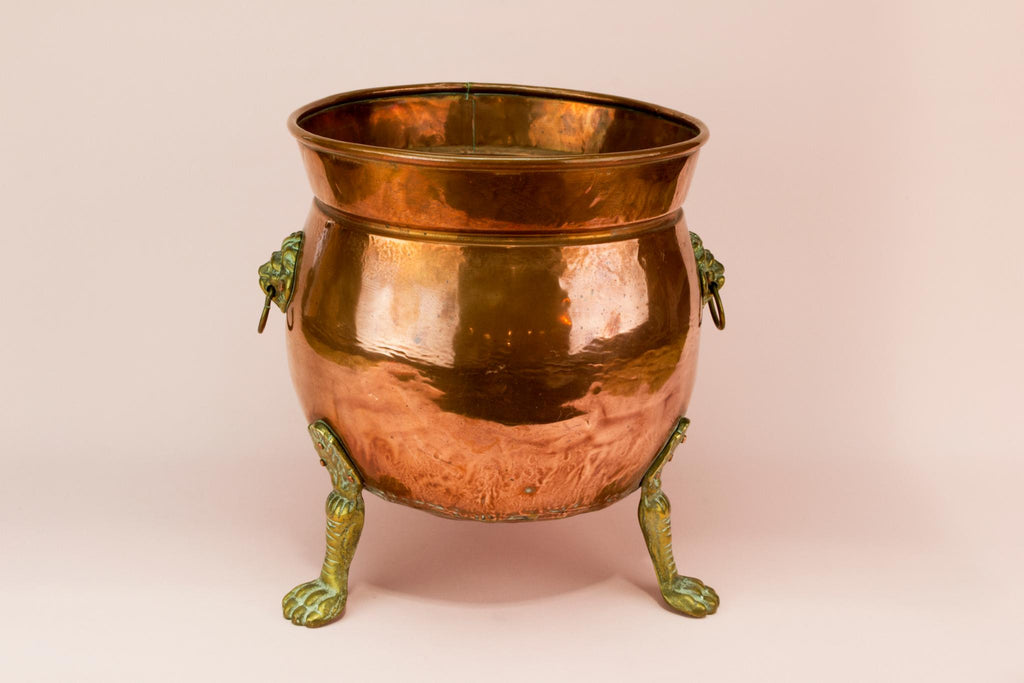 Tripod copper planter with lion handles, English 19th century