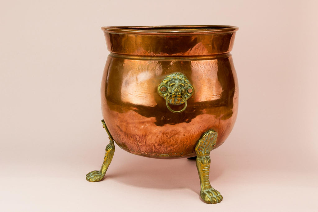 Tripod copper planter with lion handles, English 19th century