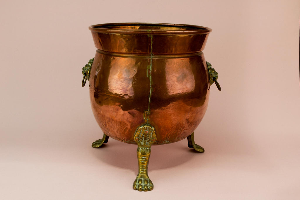 Tripod copper planter with lion handles, English 19th century