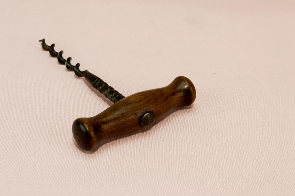 Wooden handle corkscrew, English early 1900s