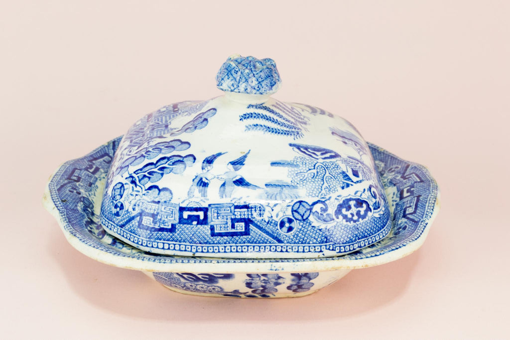 Blue and White Willow Serving Bowl & Lid, English 19th century