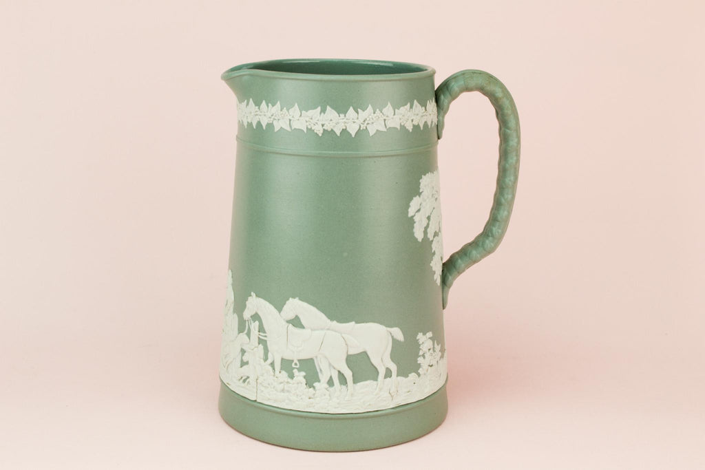 Green jasperware fox hunt jug, English early 1900s