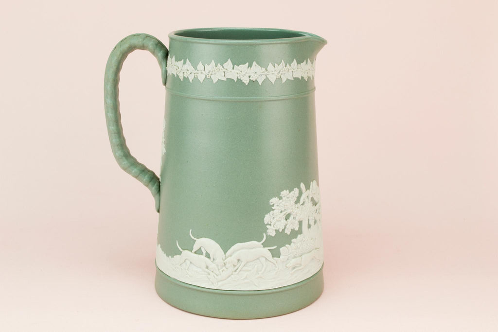 Green jasperware fox hunt jug, English early 1900s