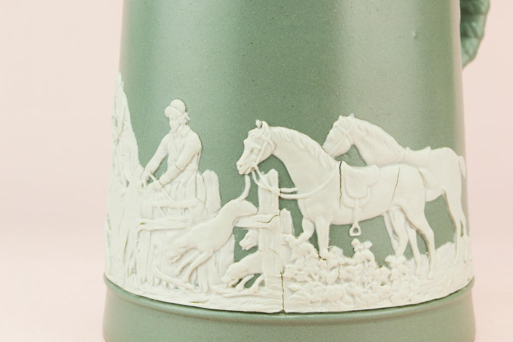 Green jasperware fox hunt jug, English early 1900s