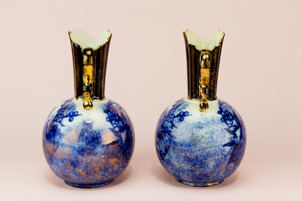 2 flow blue vases, English 1890s
