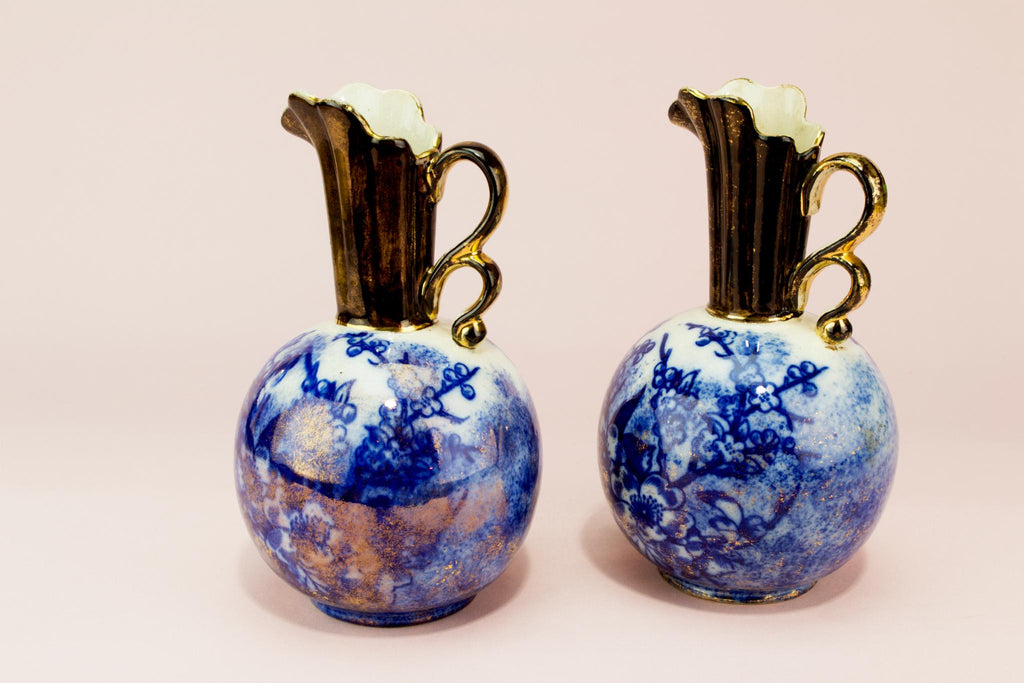 2 flow blue vases, English 1890s