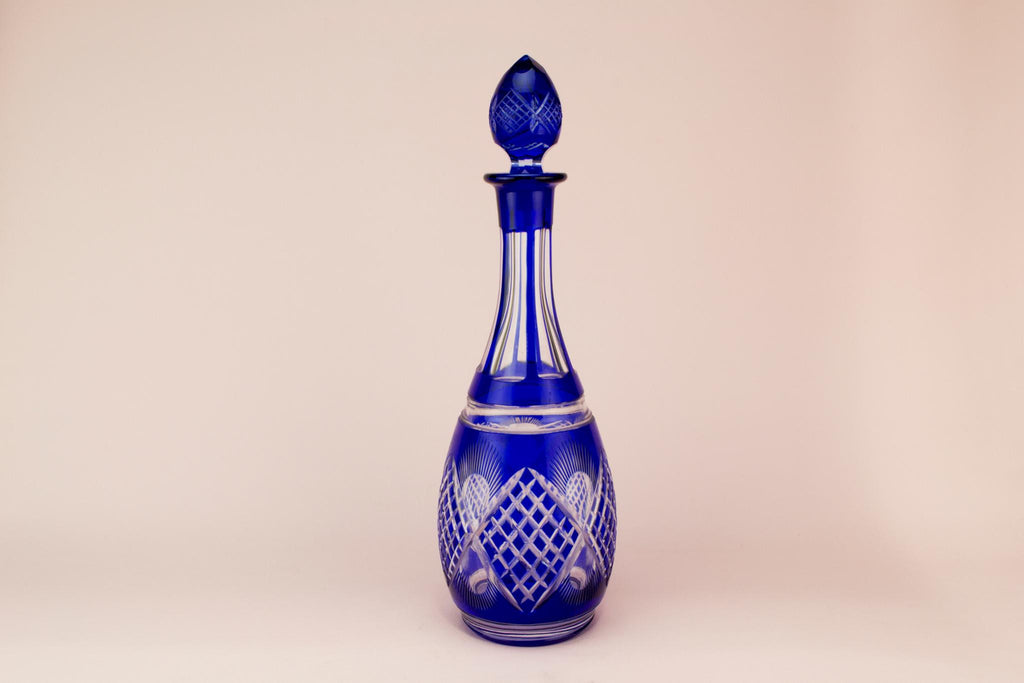 Tall Blue cut glass wine decanter