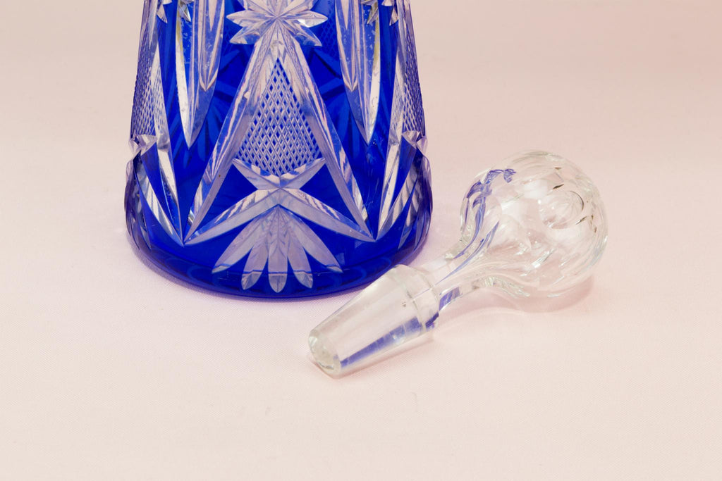 Tall cut glass blue pyramid decanter
