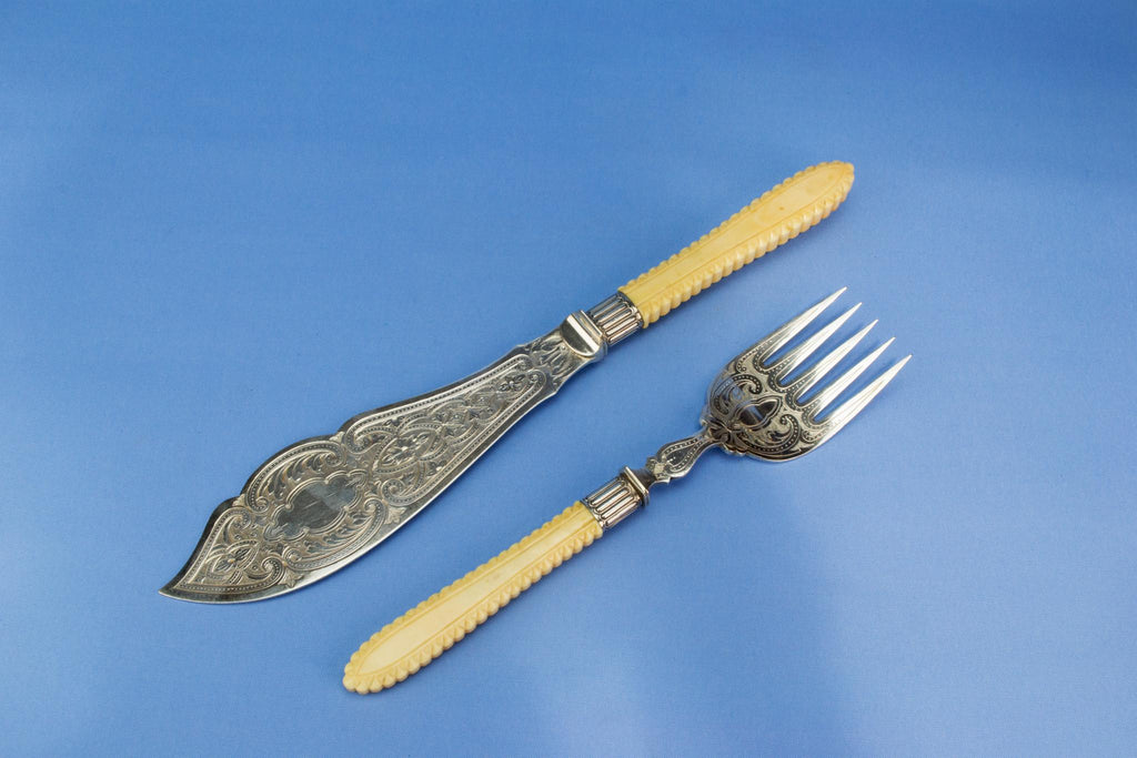 Silver plated serving fork and knife set, English 1890s