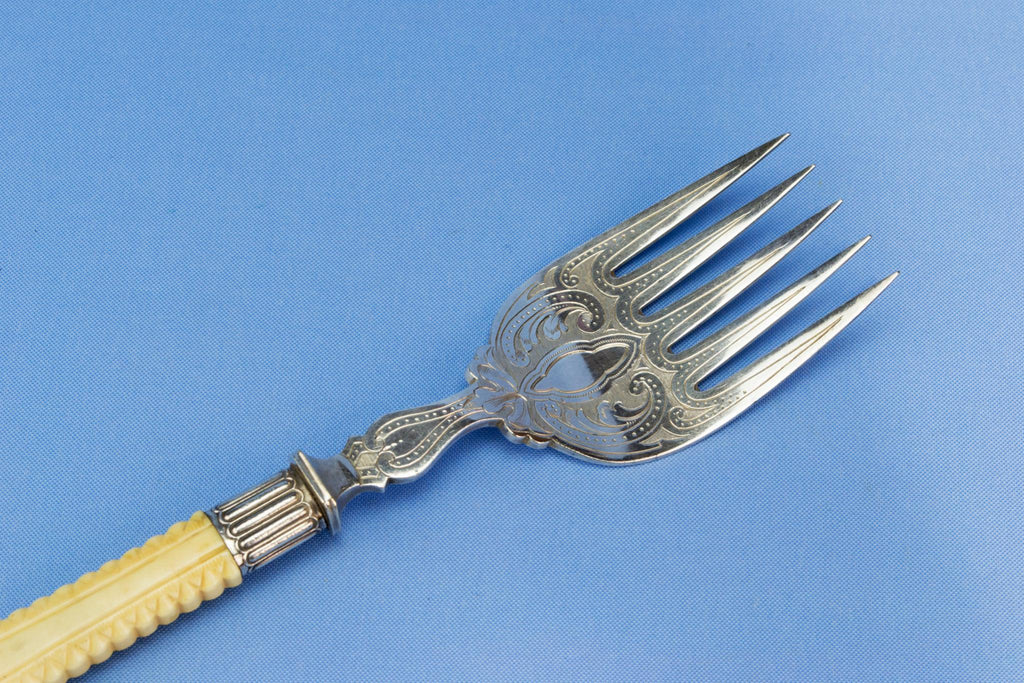 Silver plated serving fork and knife set, English 1890s