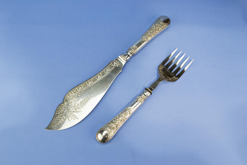 Large silver plated serving fork and knife, English 1890s