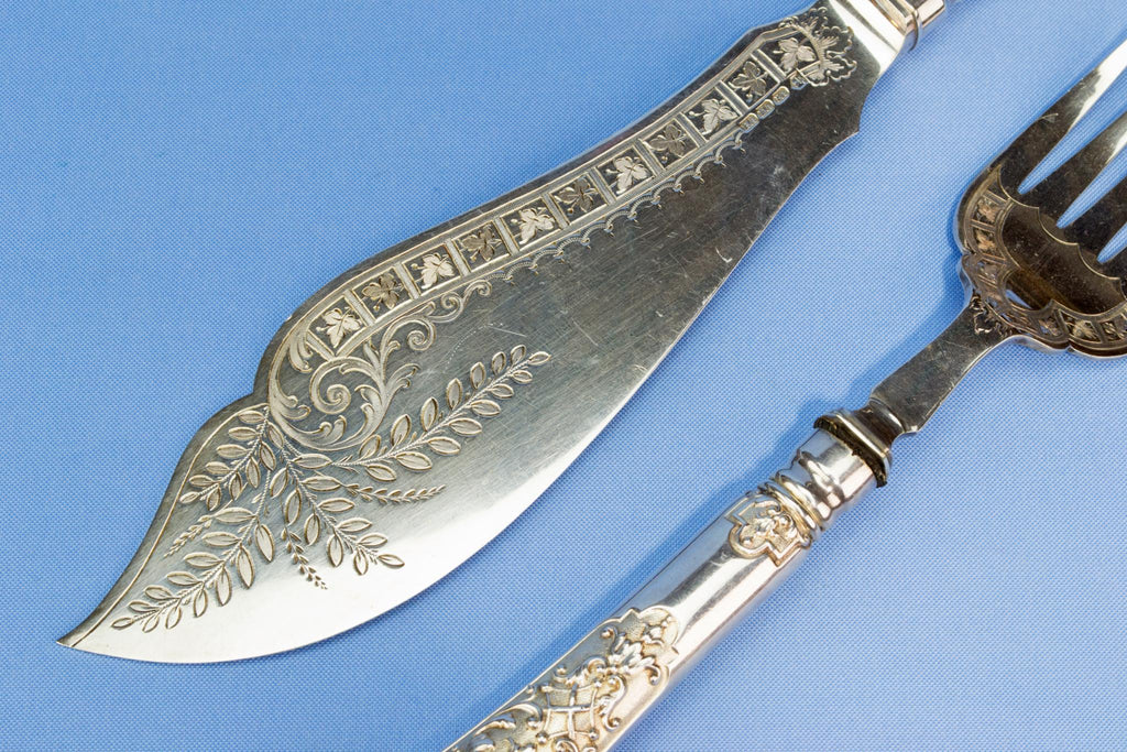 Large silver plated serving fork and knife, English 1890s