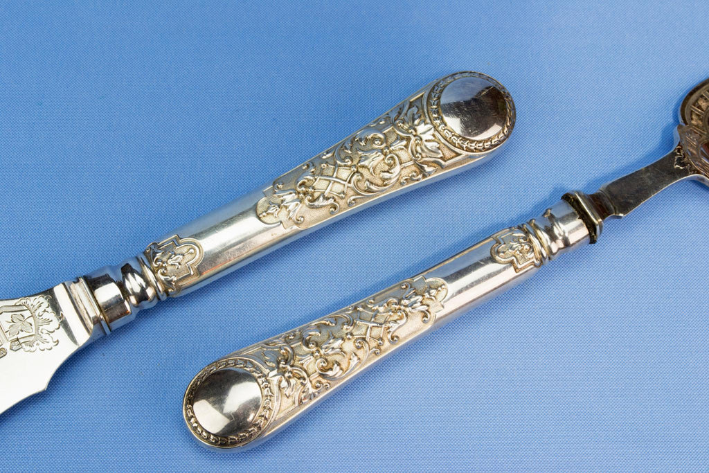 Large silver plated serving fork and knife, English 1890s