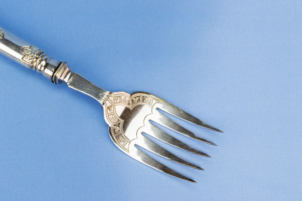 Large silver plated serving fork and knife, English 1890s