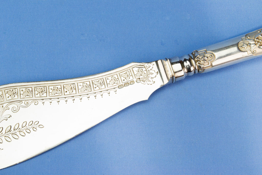 Large silver plated serving fork and knife, English 1890s
