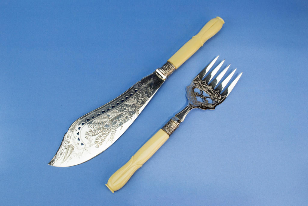 Silver plated ivory serving fork and knife, English circa 1900