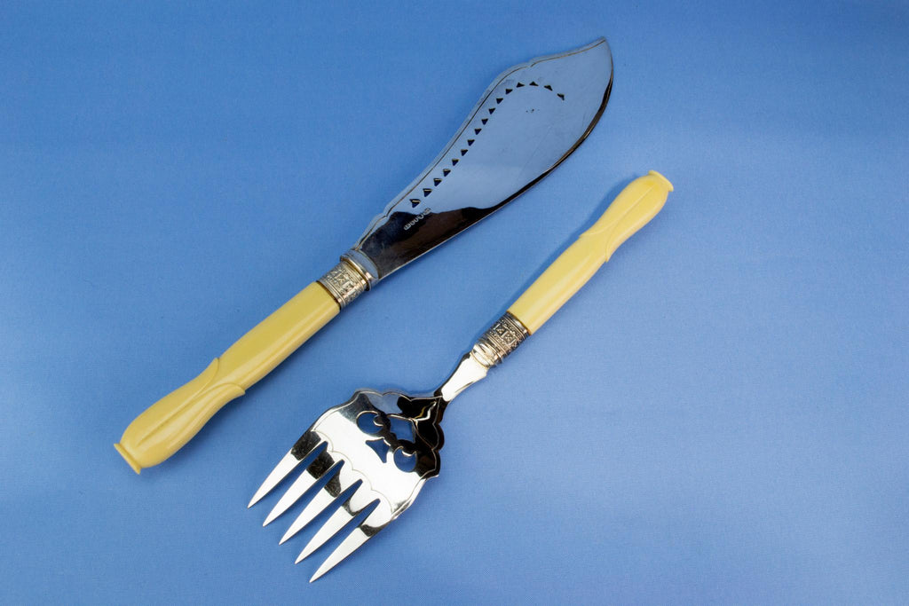 Silver plated ivory serving fork and knife, English circa 1900