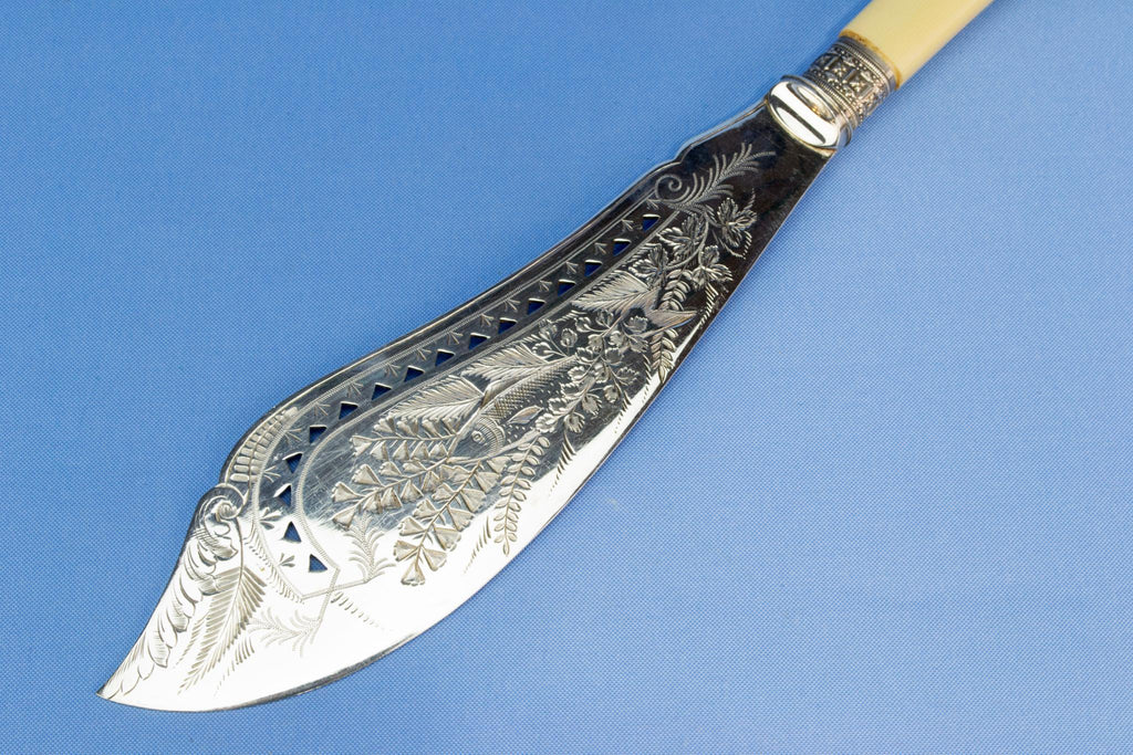 Silver plated ivory serving fork and knife, English circa 1900