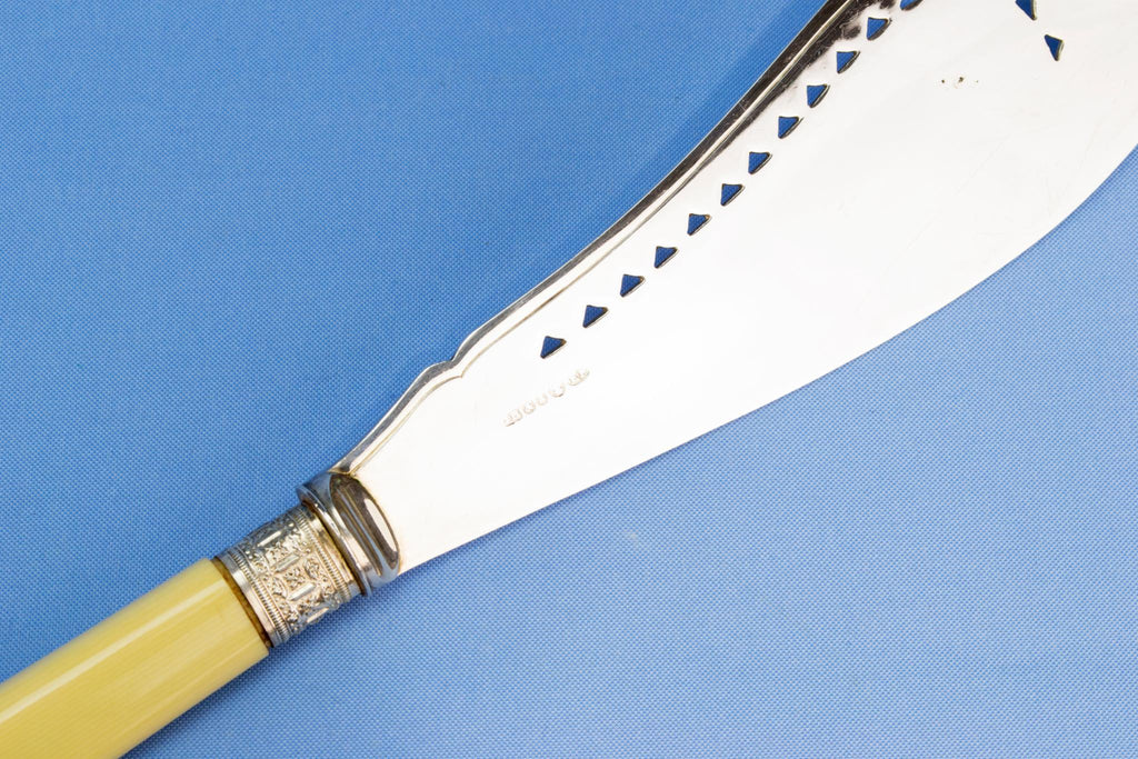 Silver plated ivory serving fork and knife, English circa 1900