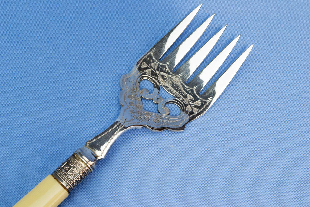 Silver plated ivory serving fork and knife, English circa 1900