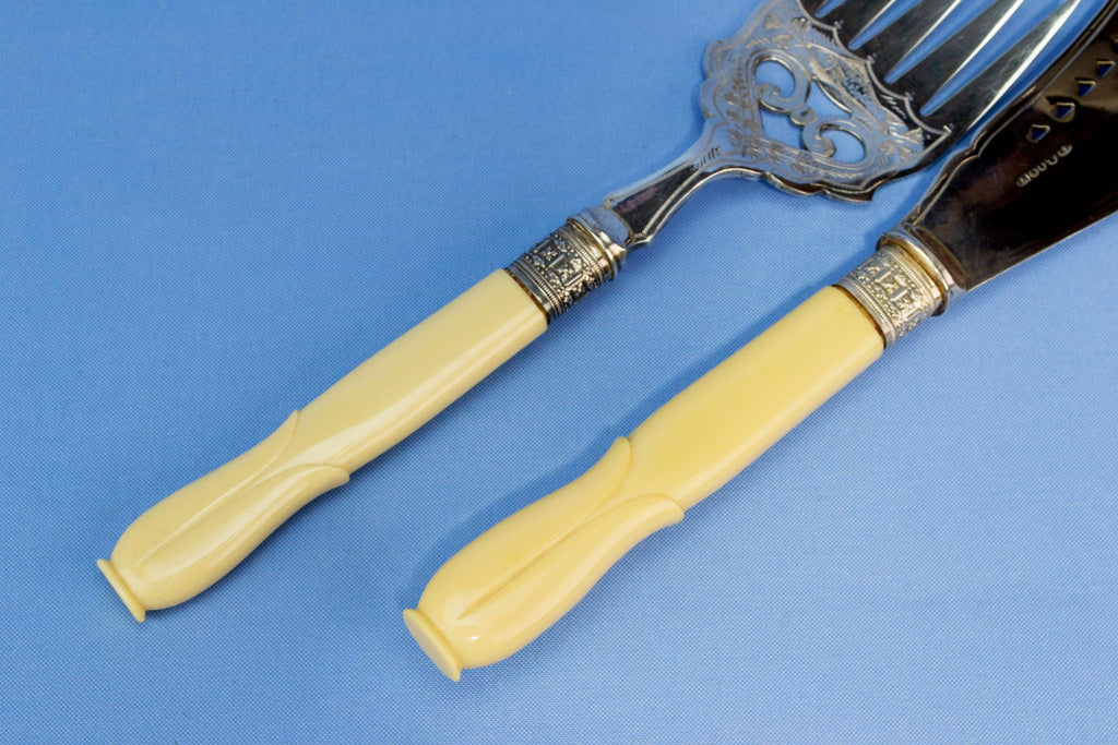 Silver plated ivory serving fork and knife, English circa 1900