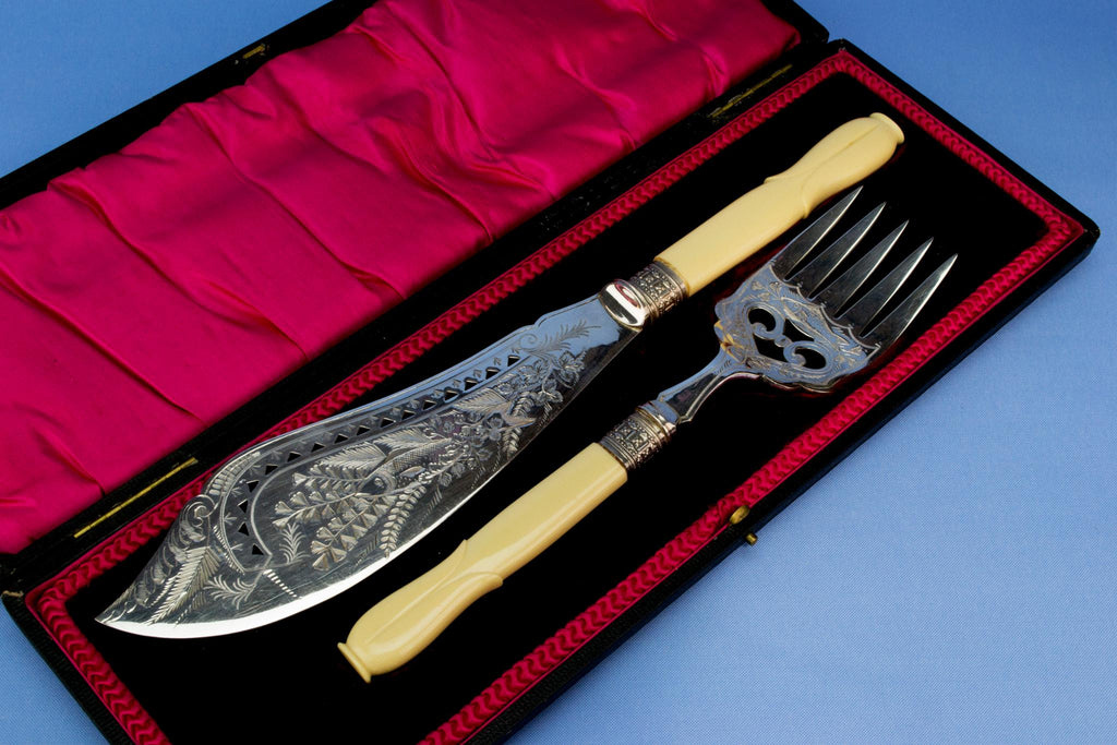 Silver plated ivory serving fork and knife, English circa 1900
