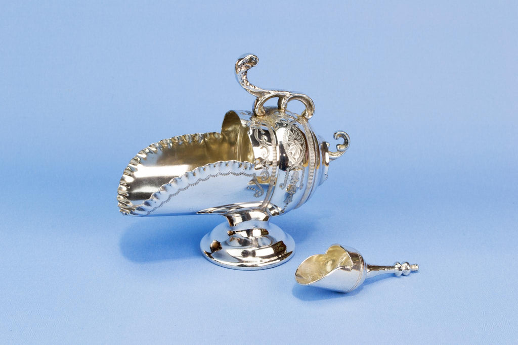 Coal Scuttle sugar bowl and spoon, English 1930s