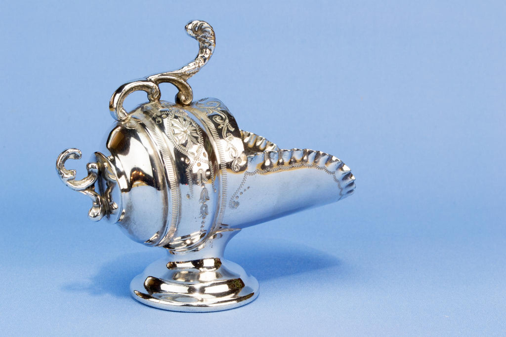Coal Scuttle sugar bowl and spoon, English 1930s