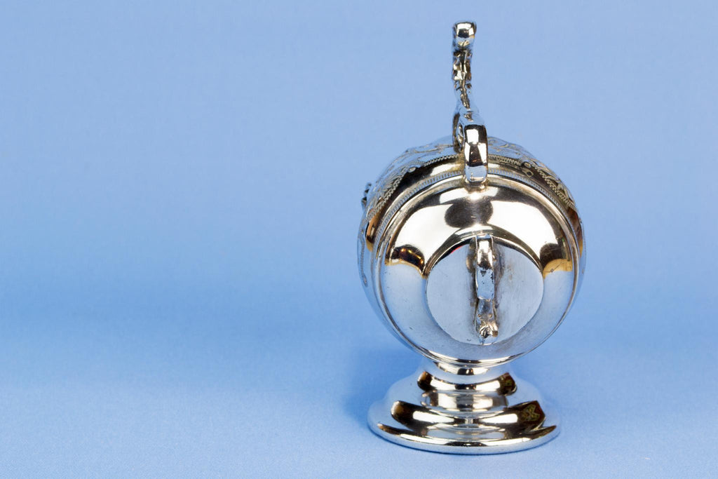 Coal Scuttle sugar bowl and spoon, English 1930s