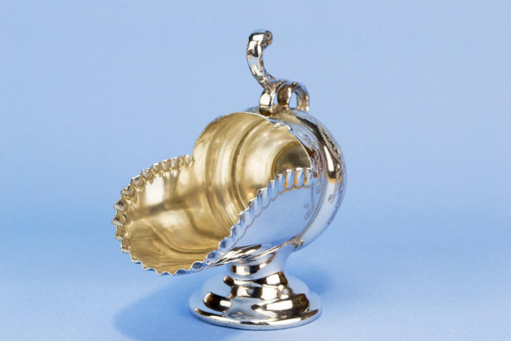 Coal Scuttle sugar bowl and spoon, English 1930s
