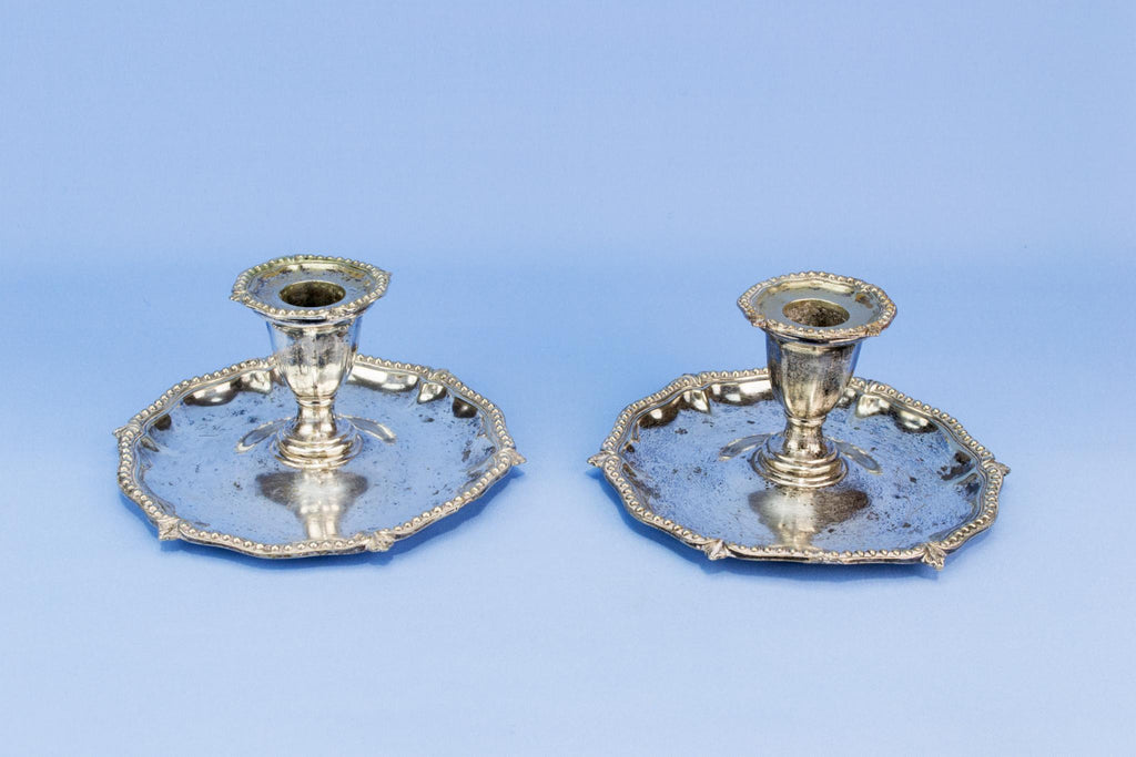 2 silver plated table candlesticks, English early 1900s