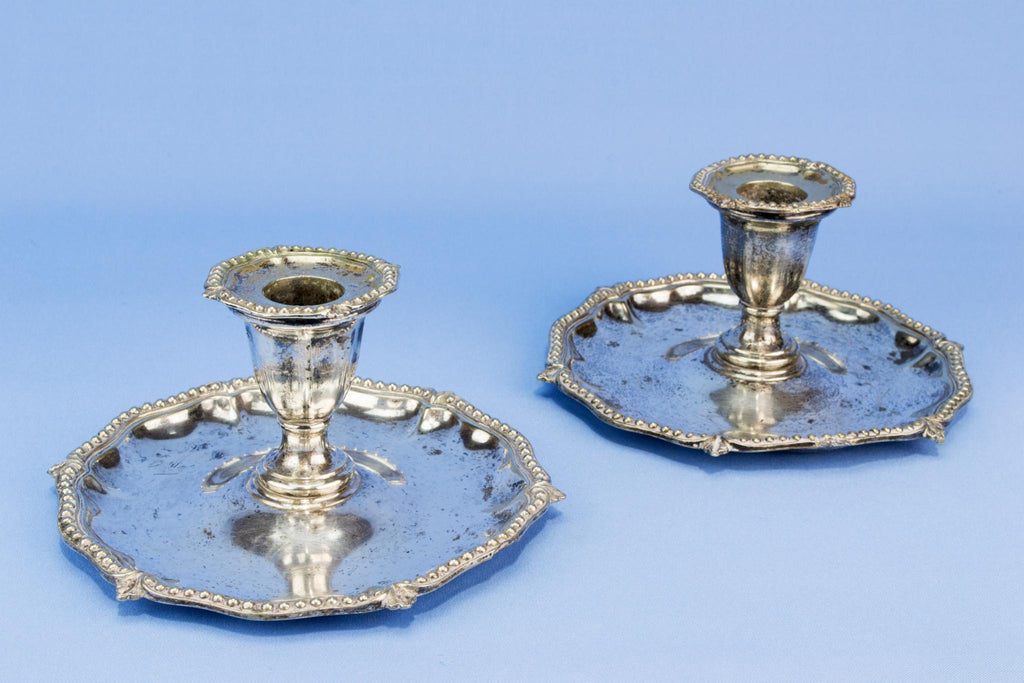 2 silver plated table candlesticks, English early 1900s