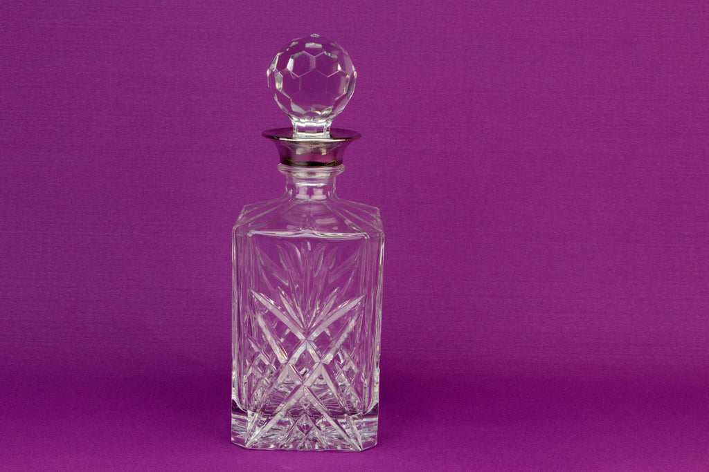 Square glass whisky decanter silver plated neck