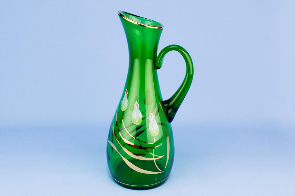 Green blown and painted glass jug, English 1950s