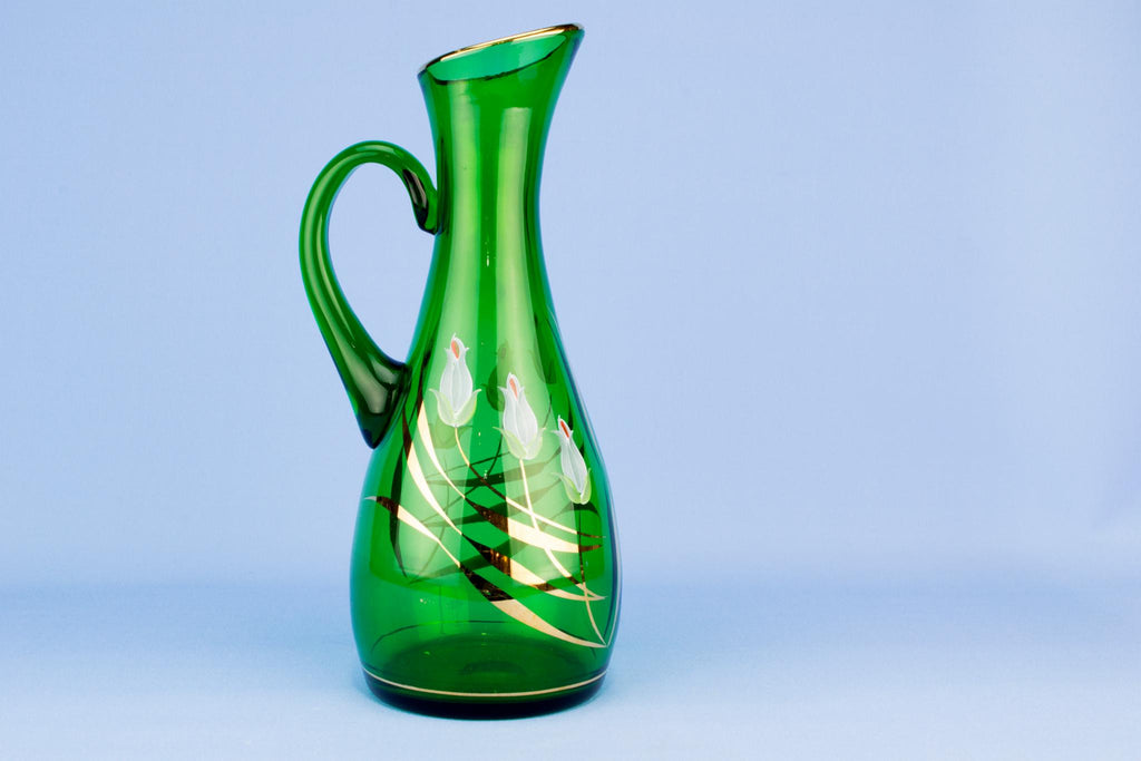Green blown and painted glass jug, English 1950s