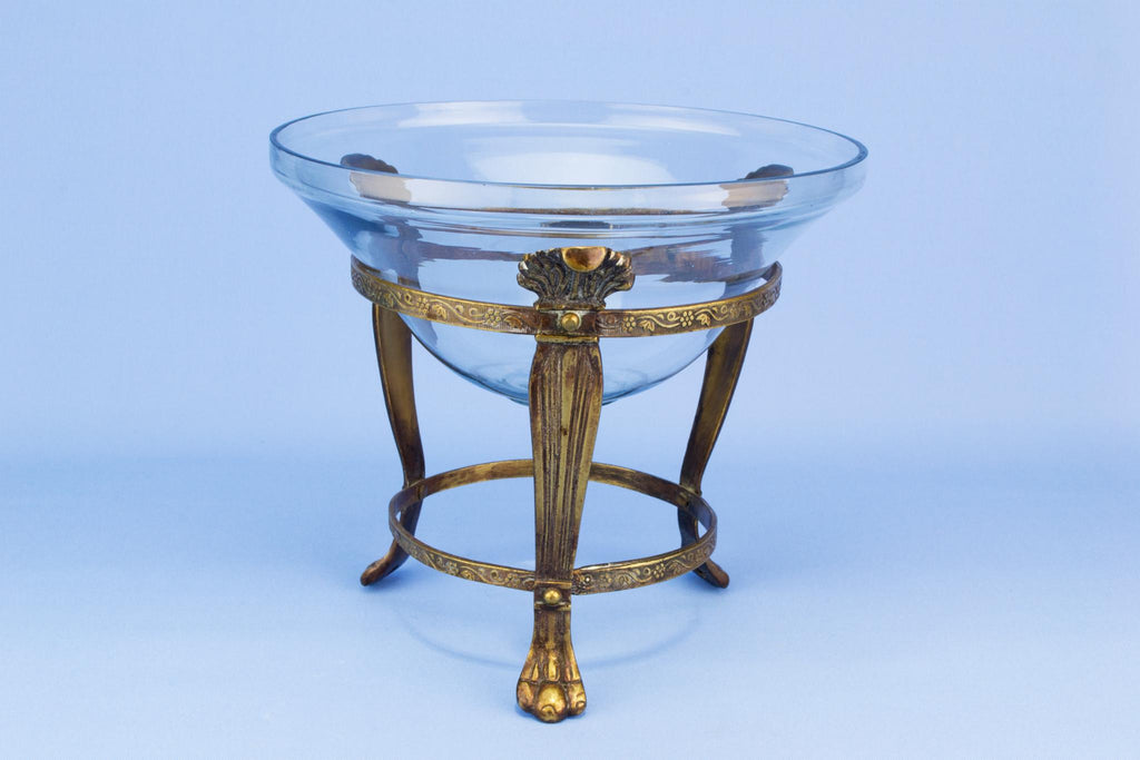 Glass lined Brass tripod centrepiece, English 1910s