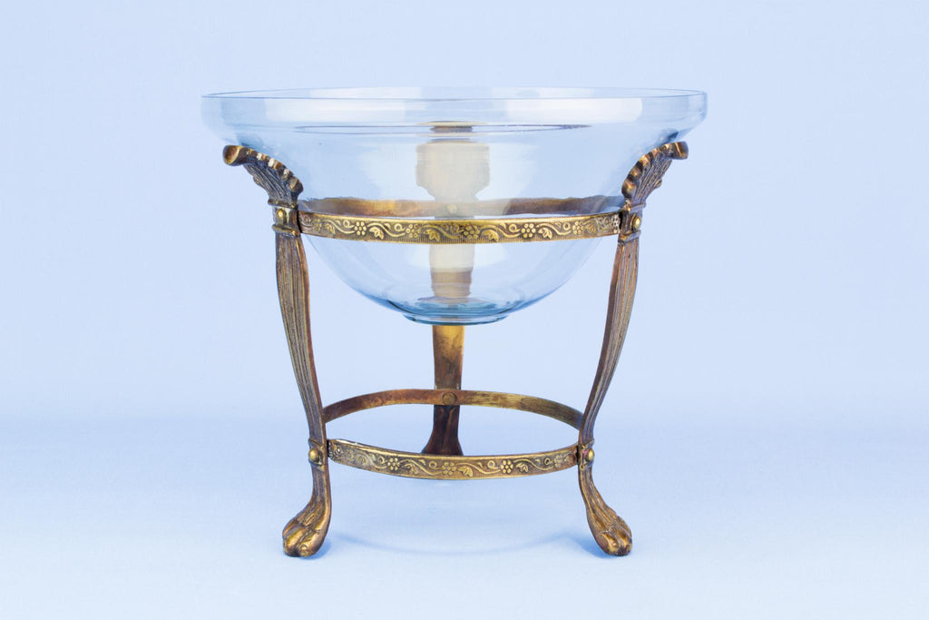 Glass lined Brass tripod centrepiece, English 1910s