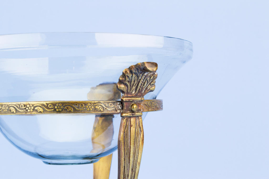 Glass lined Brass tripod centrepiece, English 1910s