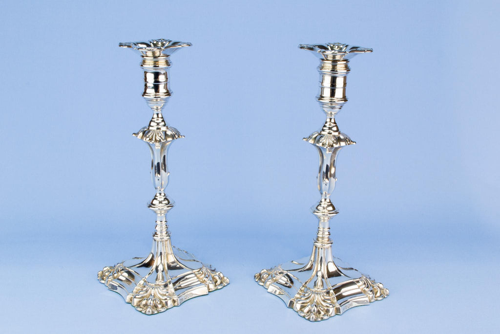 Sterling silver Georgian style candlesticks, English 1911 and 1913
