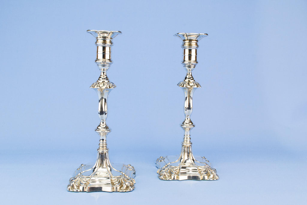 Sterling silver Georgian style candlesticks, English 1911 and 1913
