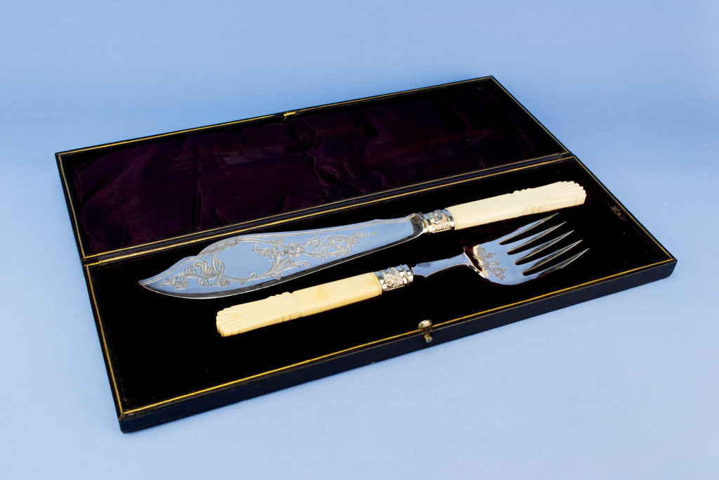Silver plated fork and knife serving set, English circa 1900