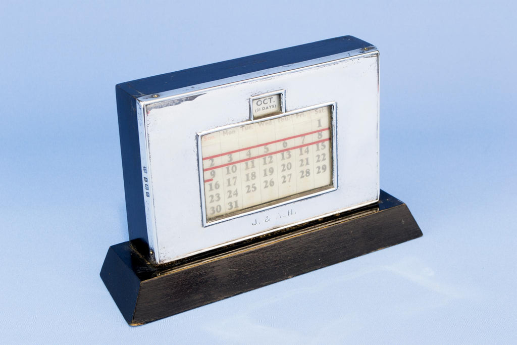 Art Deco sterling silver desk monthly calendar, English 1934