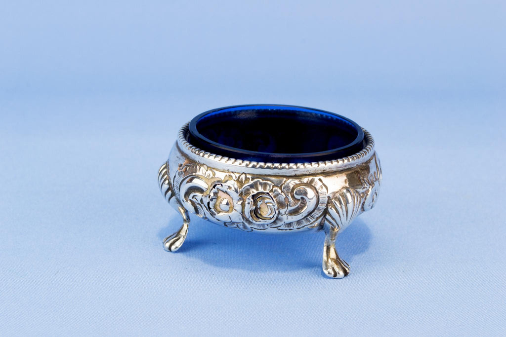 Sterling silver and blue glass condiment pot, English 1866
