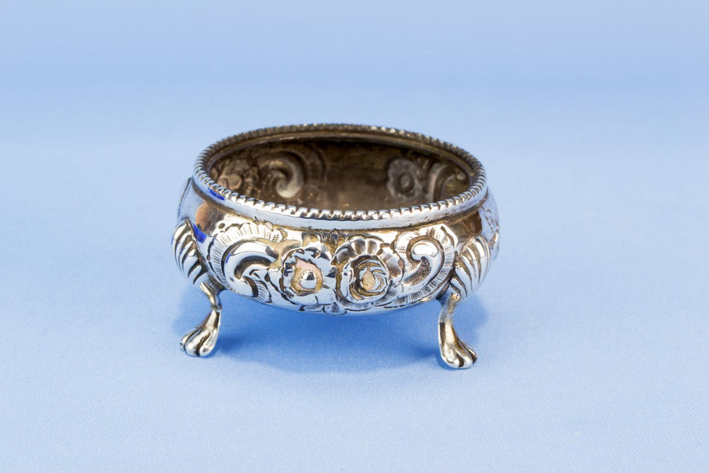 Sterling silver and blue glass condiment pot, English 1866