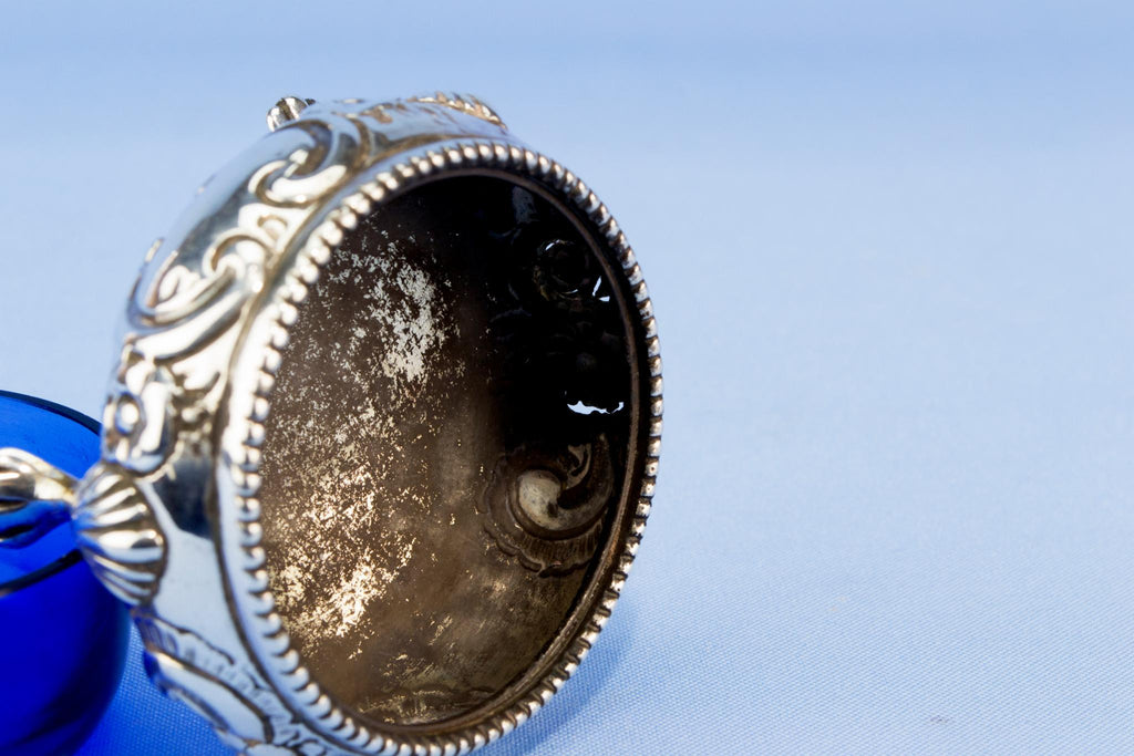 Sterling silver and blue glass condiment pot, English 1866