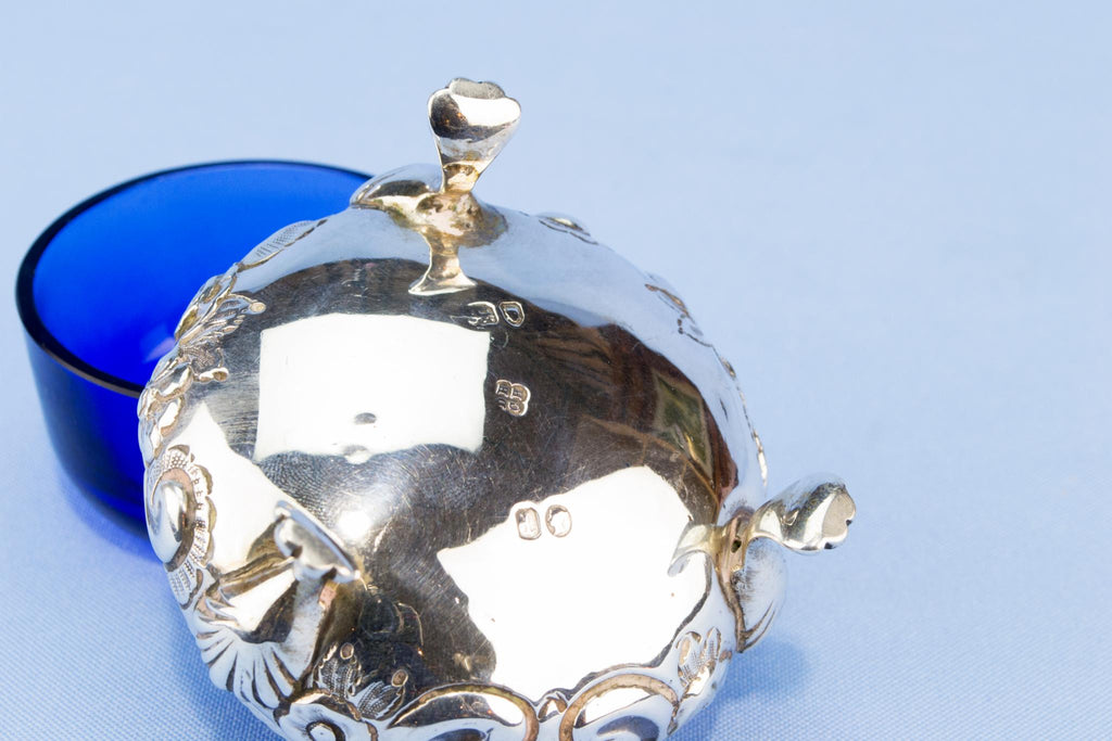 Sterling silver and blue glass condiment pot, English 1866