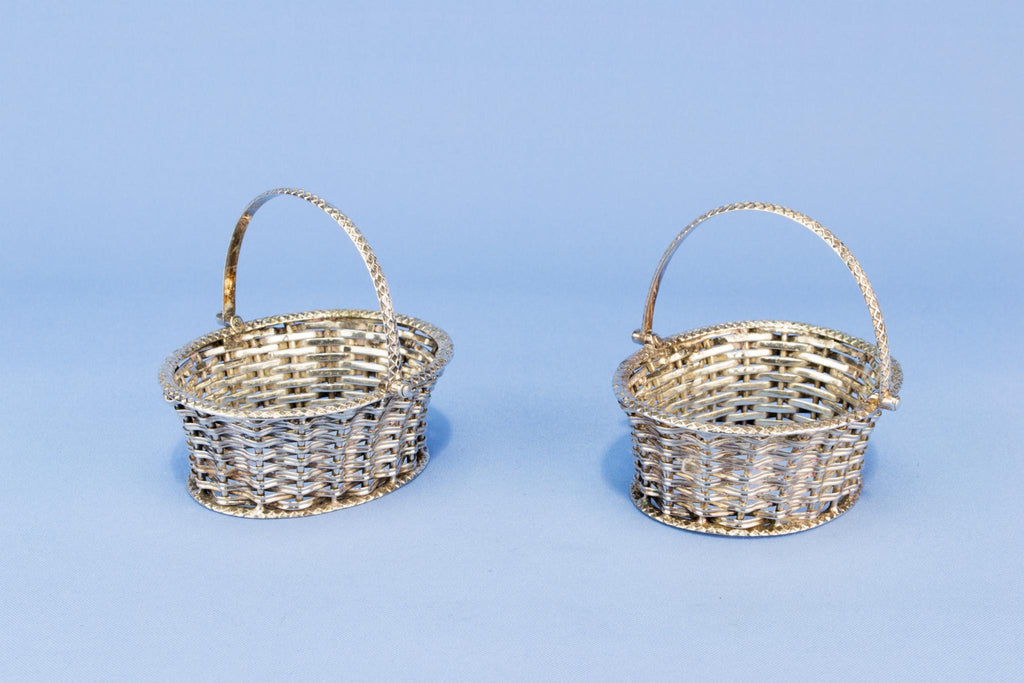 2 silver plated condiment baskets, English 1930s