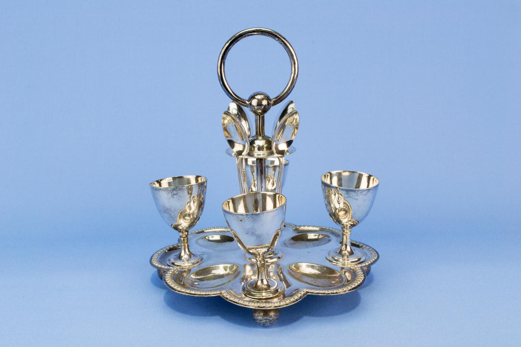 Silver plated egg serving set, English early 1900s