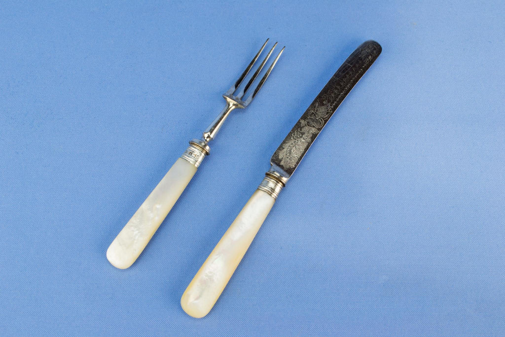 12 Dessert Knives and Forks in Mother of pearl, English 1898