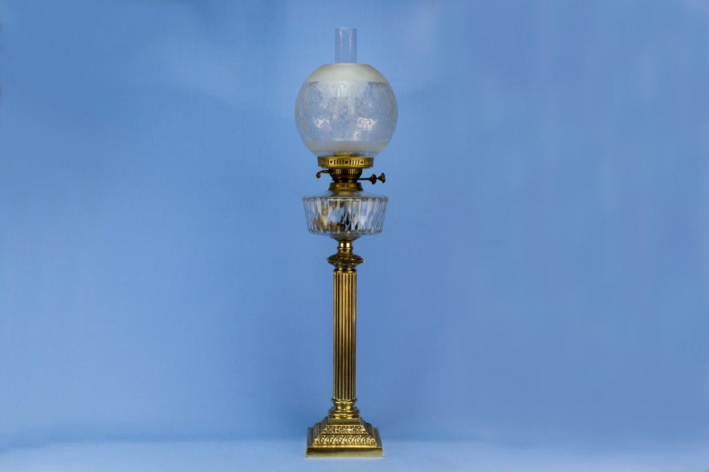 Tall brass oil lamp, English Victorian 1860s